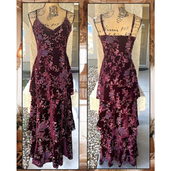 LuLus Plum Purple Floral Burnout Velvet Tiered I Love You Maxi Dres Size: L - Picture 9 of 11